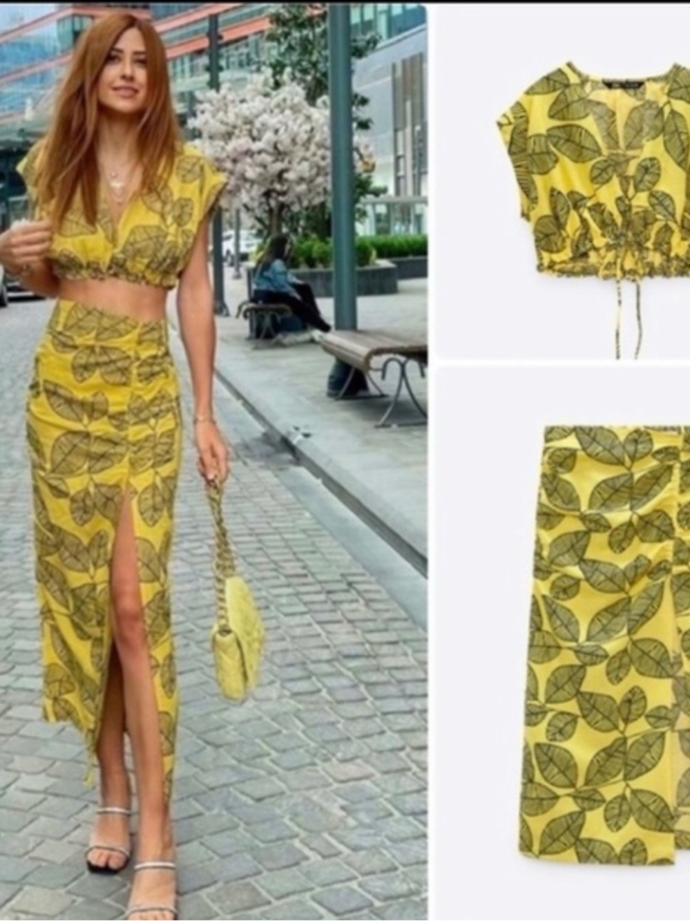 Zara Yellow Leaf-Print Maxi Skirt with High Front Slit